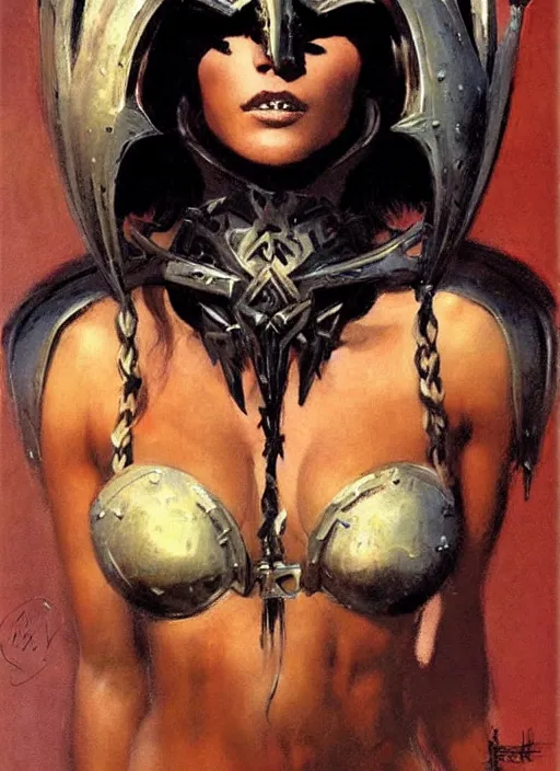 Image similar to portrait of norwegian female chaos angel, beautiful! coherent! by frank frazetta, by brom, strong line, deep color, spiked armor, iron helm, high contrast, maximalist