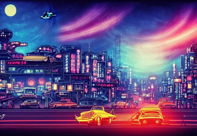 Image similar to old cars go along road away in neo - tokyo, sinthwave, steampunk, neon, magic colorful sky, magic lights, magic stars, magic sunset, big bright planet saturn in sky, realism, ultra detailed, 1 9 6 0 years, 8 k