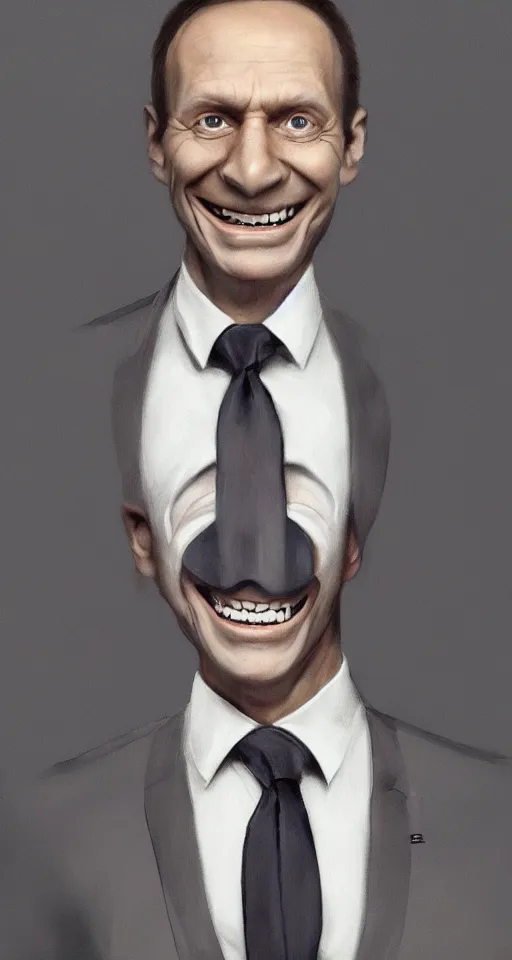 Image similar to a hyper realistic portrait of a smiling male alien in a suit for advertisement, artstation