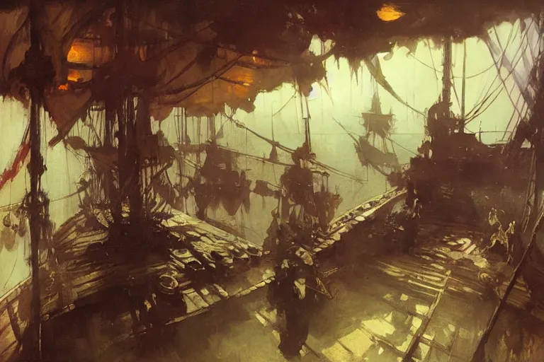 Image similar to pirate ship deck interior, intricate, elegant, highly detailed, vivid colors, john harris, frazetta, tyrus wong, ruan jia, jeffrey catherine jones