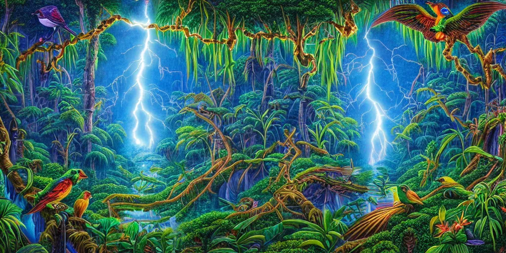 Image similar to visionary art, rainforest trapped within a lightning bolt, with great birds, rich geometry, precise and incredibly highly detailed intricate 8 k wallpaper, john stephens, lisa frank, intricate stunning award winning masterpiece trending on artstation