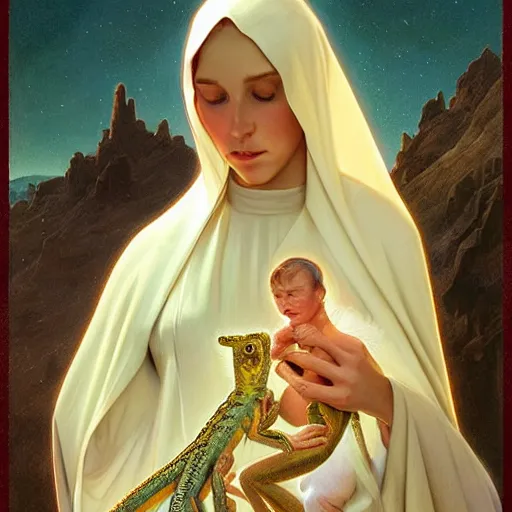 Image similar to the virgin mary holding a baby lizard lizard, highly detailed, digital painting, concept art, smooth, sharp focus, illustration, surrealist, absurd, humorous, photoshop, art by artgerm and greg rutkowski and alphonse mucha