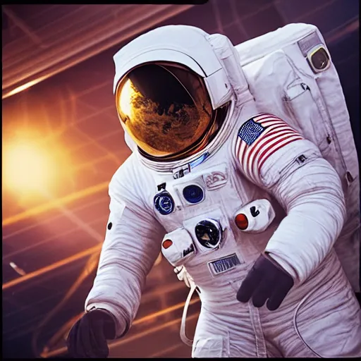 Image similar to a beautiful photo of an astronaut!, 1970', soft light, morning light, photorealistic, realistic, octane, 8k, cinematic shot