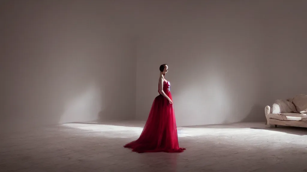 Prompt: a woman made of rubies stands in the living room, film still from the movie directed by Denis Villeneuve with art direction by Salvador Dalí, wide lens, 4K, realistic