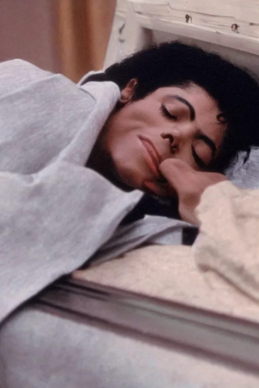 Image similar to film still of michael jackson asleep within a coffin, portrait, 4k