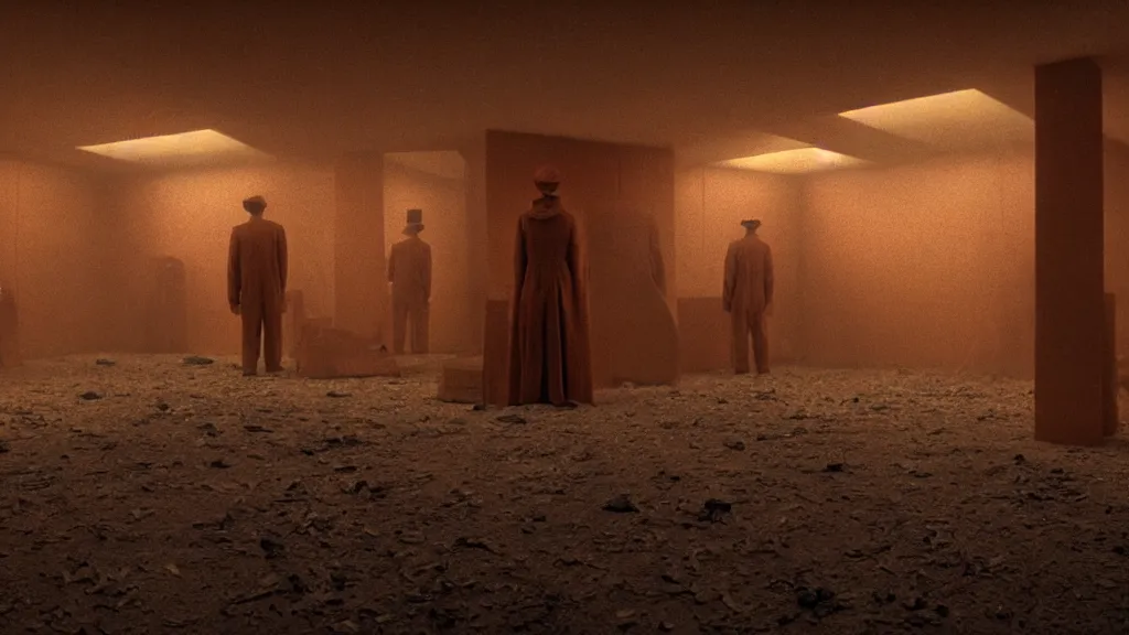 Image similar to inside of a room at Willy Wonka’s chocolate factory where bodies are burnt, film still from the movie directed by Denis Villeneuve with art direction by Zdzisław Beksiński, wide lens