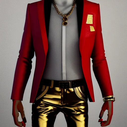 Image similar to a highly detailed full-length man with dark brown short hair, a dark beard, in black and red clothes, with a gold chain and a gold belt, artstation, DeviantArt, professional, octane render