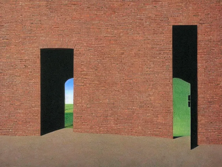 Image similar to an open door to nothingness in brick wall, painting by rene magritte, high detail, high resolution