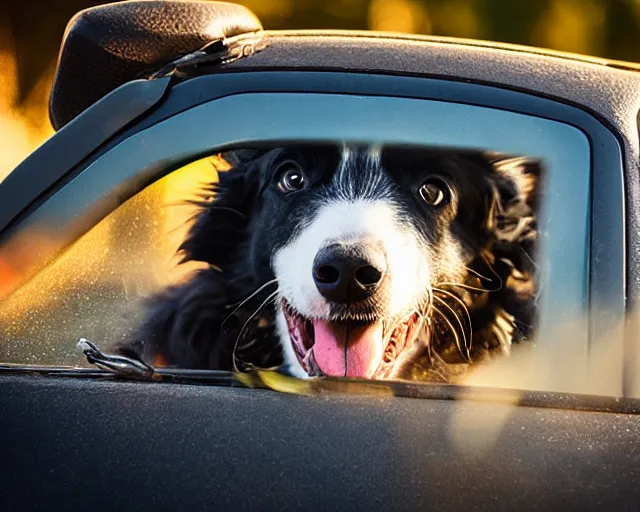 Image similar to border collie dog in the driver's seat of an orange nissan note, paws on wheel, car moving fast, rally driving photo, award winning photo, golden hour, front of car angle, motion blur