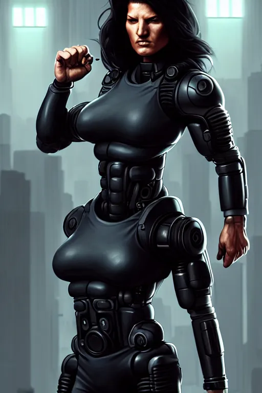 Image similar to gina carano with robotic left arm, casual black clothing, muscular, realistic proportions, casual pose, large portrait, cyberpunk, shadowrun, rpg character, digital painting, artstation, concept art, smooth, 8 k frostbite 3 engine, ultra detailed, art by artgerm and greg rutkowski and magali villeneuve