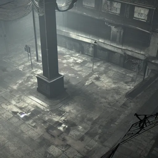 Prompt: playstation 5 screenshot of silent hill, overhead view, breathtaking