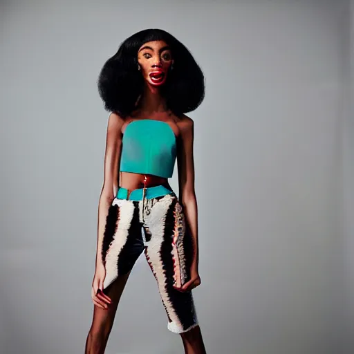 Image similar to realistic photoshooting for a new balenciaga lookbook, vhs colour photography, portrait of model Winnie Harlow woman, in style of Tyler Mitchell, 35mm,