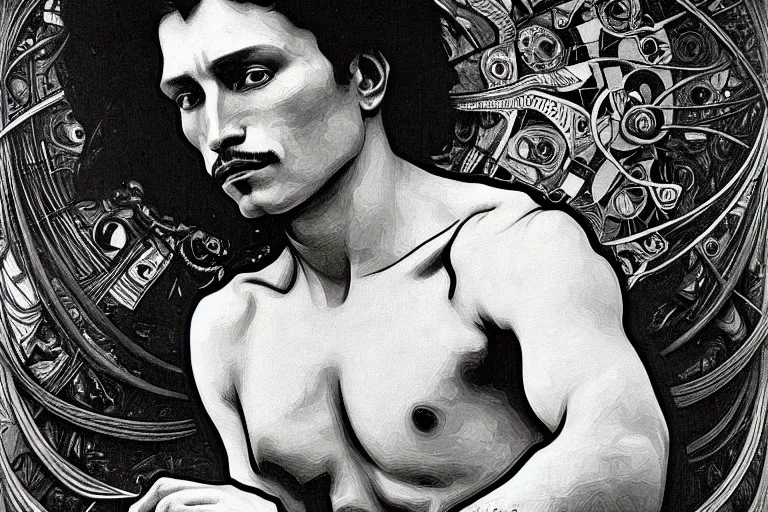 Prompt: painted closeup portrait of alien man, masculine, fierce, charming, fantasy, intricate, elegant, extremely detailed digital painting sharp focus illustration art by alphonse mucha by chuck close, charcoal on canvas