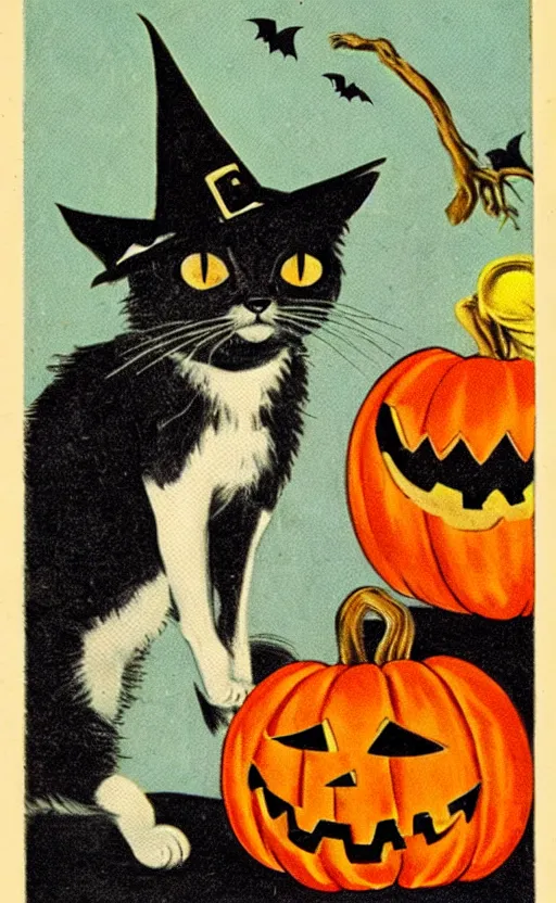 Prompt: vintage halloween art of a cat wearing a witch hat, cooking in a cauldron