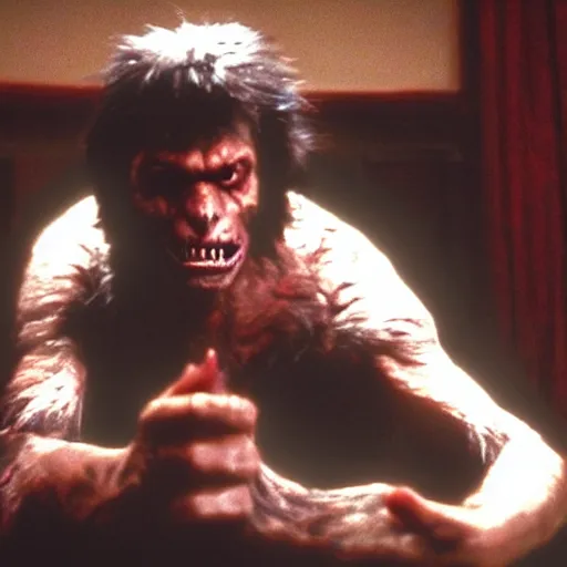 Prompt: film still of a funny looking werewolf with his hand extended in an american werewolf in london