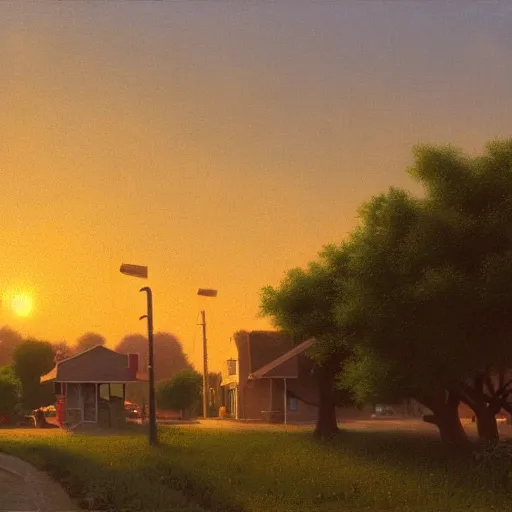 Prompt: a detailed cinematic render of a utopian 1 9 5 0 s american neighborhood at sunset by steven outram, photoreal