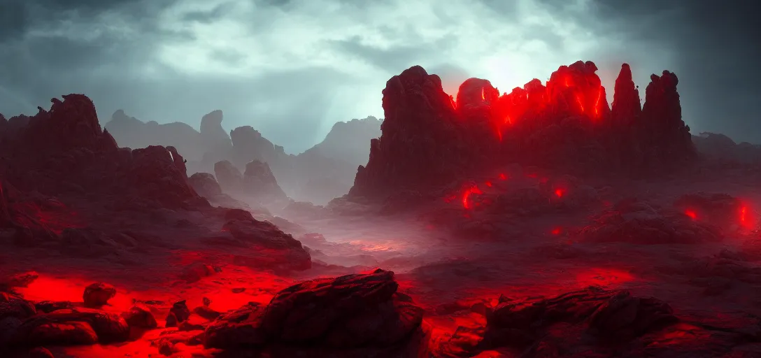 Prompt: dramatic view of empty rocky alien wasteland, mysterious red glowing fog, sharp craggy rocks, glowing ominous clouds,, unreal engine, dramatic lighting, detailed, ambient occlusion, global illumination, god rays, 3 d artstation render by greg rutowski and jessica rossier