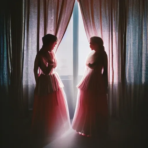 Prompt: over the shoulder photography of two female models behind white curtains in old victorian room, dramatic light, cinestill, flying black marble balls, filmstill, bokeh, long exposure, god rays, magic hour, pink light, warm colors