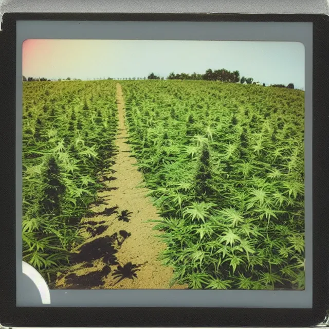 Prompt: very beautiful polaroid photo of a cannabis field by a stream on a clear day with a rainbow