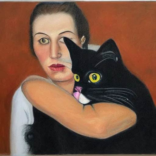 Image similar to black cat with human face in style of Petrov-Vodkin, 4k, hyper realistic,