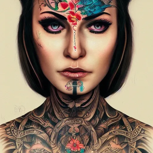 Image similar to a woman with a large tattoo on her forehead [ [ of a woman ] ], trending on artstation, 4 k