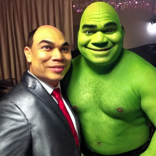 Image similar to wally bayola as shrek with formal clothes