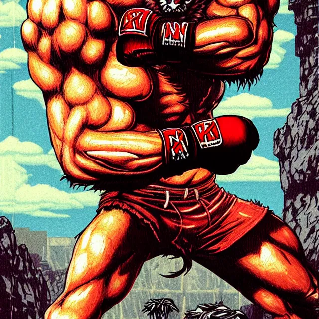 Image similar to extreme long shot. 8 bit nes graphics. antropomorphic muscular masculine wolf. kickboxer fighter, in shorts. wolf head. fine details, very sharp, art from nes game cartridge, marc simonetti and hermann nitsch