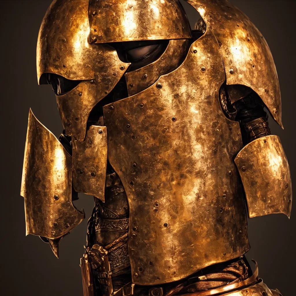 Prompt: of a photo of a knight character that has a helmet that is made of copper and gold, beautiful sculpted details, cinematic lighting, this knight is a war lord who roamed the fields in many battles, there is a faint red aura to him displaying a lot of power