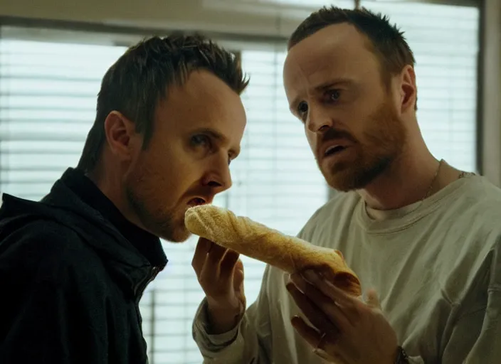 Prompt: photo of jesse pinkman from breaking bad eating a baguette, movie frame, cinematic composition, ultra detailed, sharp, breaking bad