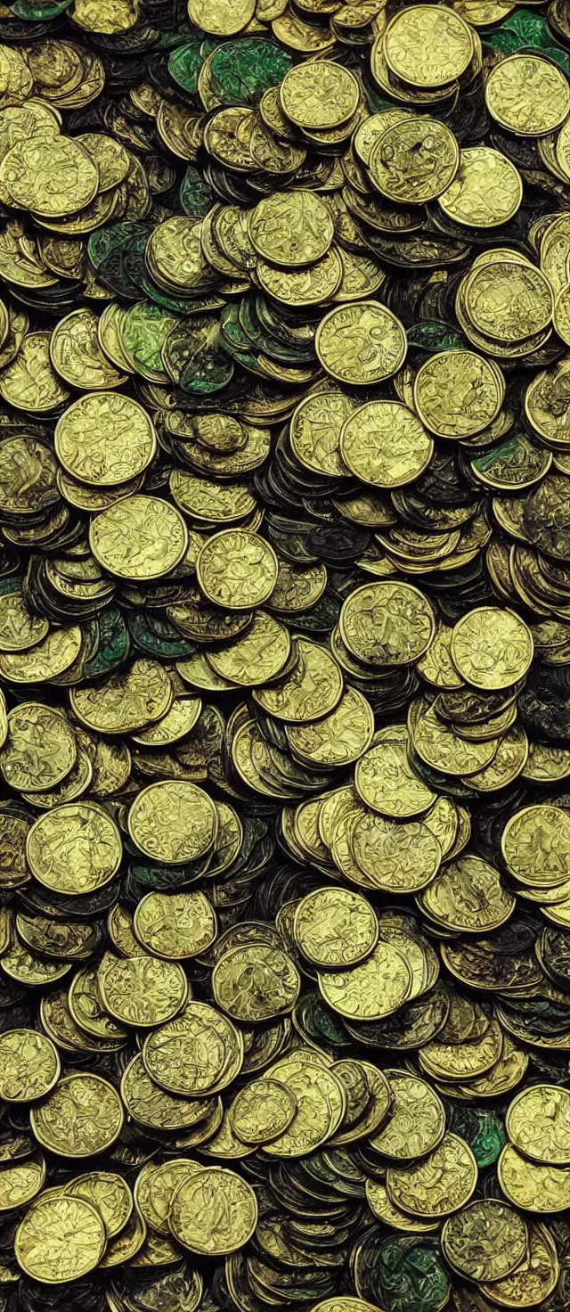 Prompt: green and black gold coins, extremely detailed, 8 k oil painting