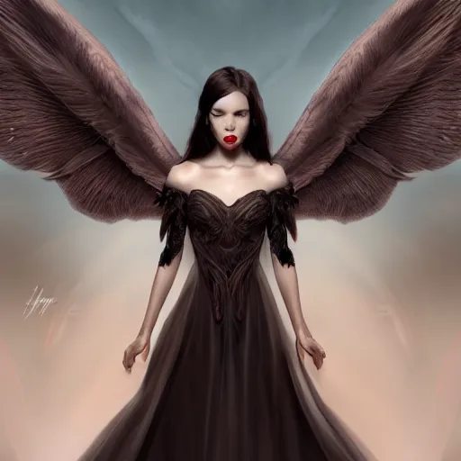 Image similar to perfectly - centered - portrait - photograph of an evil fallen angel wearing a dress, the perfect human female specimen, intricate, elegant, super highly detailed, professional digital painting, artstation, concept art, smooth, sharp focus, no blur, no dof, extreme illustration, unreal engine 5, 8 k, by anne stokes