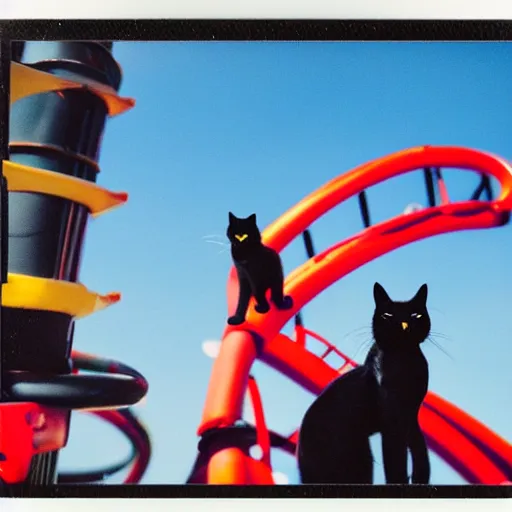 Image similar to black cat on top of a rollercoaster. focus on cats face. sunlight. polaroid photo. bright colors.