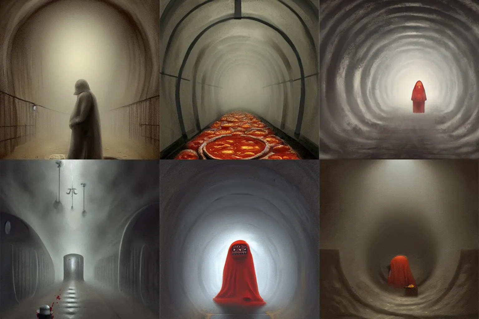 Prompt: A pepperoni pizza shrouded in mist hovers in a dark sewer tunnel, ominous digital painting by Dragan Bibin