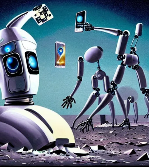 Prompt: gigantic smartphones melting into the ground, humans falling into the ground representing their demise, a robot intelligence with a godlike presence rising from the ground, all in a surrealist style