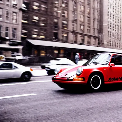 Image similar to photo of a porsche 9 1 1 9 6 4 speeding through nyc, cinematic, motion blur