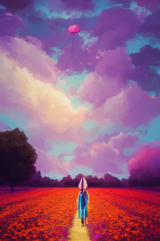 Image similar to giant flower head, girl walking in a flower field, surreal photography, sunrise, dramatic light, impressionist painting, colorful clouds, digital painting, artstation, simon stalenhag