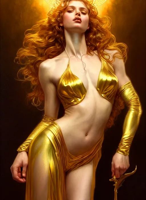 Image similar to Golden goddess, diffuse lighting, fantasy, intricate, elegant, highly detailed, lifelike, photorealistic, digital painting, artstation, illustration, concept art, smooth, sharp focus, art by John Collier and Albert Aublet and Krenz Cushart and Artem Demura and Alphonse Mucha