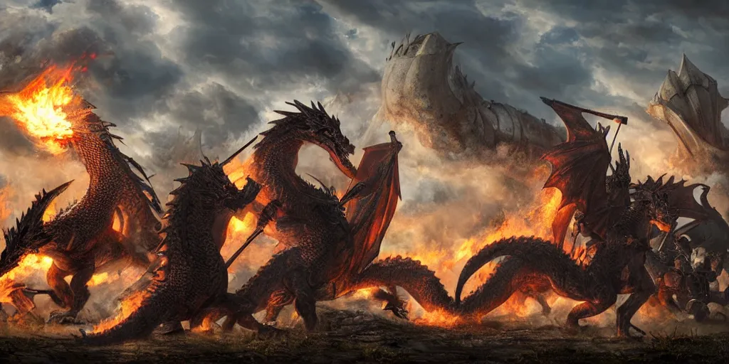 Prompt: ancient dragon breathing fire onto medieval knights on the battlefield, high detail, high definition, photorealistic, 8k