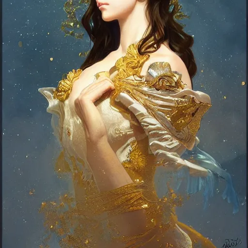 Image similar to a photograpic portrait of a pretty woman, rococo, gold, fantasy, intricate, elegant, highly detailed, digital painting, artstation, concept art, smooth, sharp focus, illustration, art by artgerm and greg rutkowski and alphonse mucha