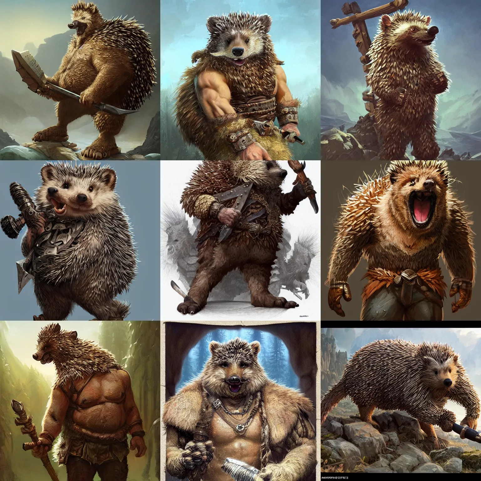 Prompt: anthropomorphic rugged hedgehog!!! with furry!! oversized barbarian muscular upper body, 👅 👅 , D&D, fantasy, intricate, elegant, highly detailed, digital painting, artstation, concept art, smooth, sharp focus, illustration, art by artgerm and beeple and greg rutkowski and alphonse mucha