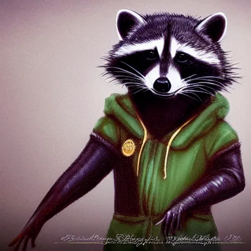 Prompt: a raccoon in a green, hooded rouge outfit with gold accents holding dagger, trending on art station