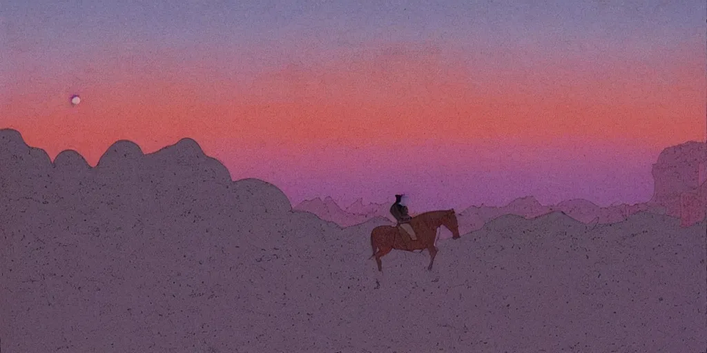 Image similar to i, cityscape view of a man riding a horse in a blue desert, pink sky, by Moebius