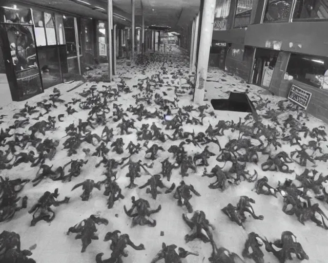 Prompt: camera footage of a Hundreds of Zerg with rabies in an abandoned shopping mall, high exposure, dark, monochrome, camera, grainy, CCTV, security camera footage, timestamp, zoomed in, fish-eye lens, Nightmare Fuel, Aliens, Evil, Zerg, Brood Spreading, Motion Blur, Hive, horrifying, lunging at camera :4