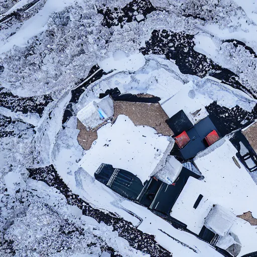 Image similar to snowy region on coast of Iceland, old mine and crates full of supplies buried in snow::2 aerial drone perspective, top down view ::1 sattelite image of snow from 150 meters height, some coal boxes and barrels are covered in snow, old mine remains :: 1 snow, wind falling snow ::1