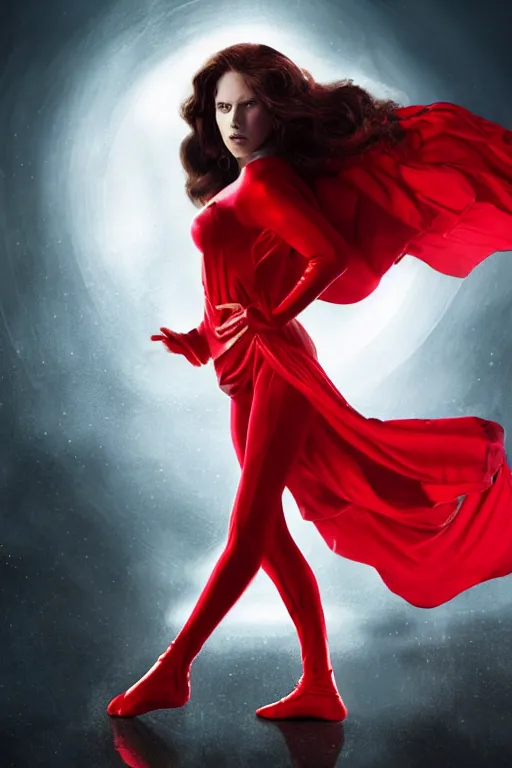 Image similar to marvel superhero, beautiful woman, floating in the air, red tight costume and red long hair, black cloak, power field around her, detailed portrait, dark background texture, 8 k, concept art, illustration by john byrne and terry austin. cinematic dramatic atmosphere, sharp focus, volumetric lighting, cinematic lighting, studio quality