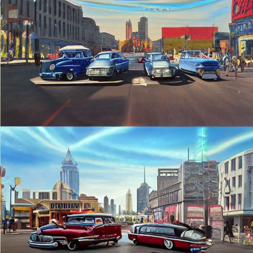 Image similar to 4K hyper realistic oil painting of 1950s city with old cars and a big speaker array in the sky booming techno music