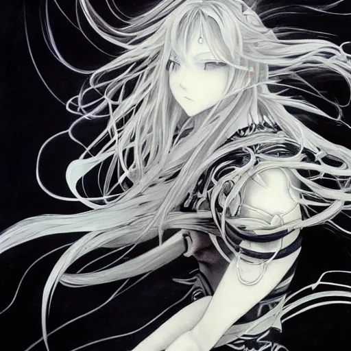 Image similar to blurred and dreamy character design by yoshitaka amano of an anime girl with black eyes, wavy white hair fluttering in the wind wearing elden ring armor with engraving, abstract black and white patterns on the background, noisy film grain effect, highly detailed, renaissance oil painting, weird portrait angle, yoshitaka amano color palette, three quarter view