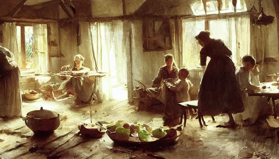 Image similar to simple villager family about to eat a meal together in their beautiful simple cottage home, art by anders zorn, wonderful masterpiece by greg rutkowski, beautiful cinematic light, american romanticism thomas lawrence, greg rutkowski