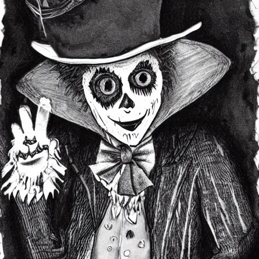 Image similar to a Pop Wonder scary horror themed goofy-hilarious-character Babadook-scarecrow-madhatter-williewonka-wearing a scarf, 3-piece-suit, dime-store-comic drawn with charcoal and pen and ink, half-tone-line-stacking