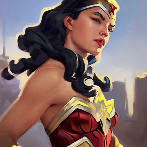 Image similar to greg manchess portrait painting of wonderwoman as overwatch character, medium shot, asymmetrical, profile picture, organic painting, sunny day, matte painting, bold shapes, hard edges, street art, trending on artstation, by huang guangjian and gil elvgren and sachin teng